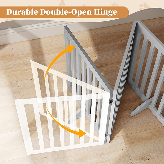 PUPETPO 24”H Freestanding Wooden Pet Gate, Dog Gate for Stairs, Doorways, and Hallways, Step Over Foldable Pet Fence for Indoor Use, Support Feet Included, 60 inch Wide 3 Panels, Grey