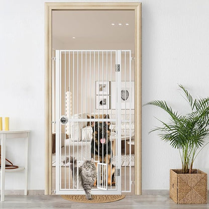 Extra Tall Cat Gate for Doorway, Adjustable Wide Dog Door with Cat Door, 1.37" Gap for Pet Gates, Suitable for Doorways or Kitchen, No Drilling Pressure Mount Kit (White, 34.3"-36.7"/87.3cm-93.3cm)