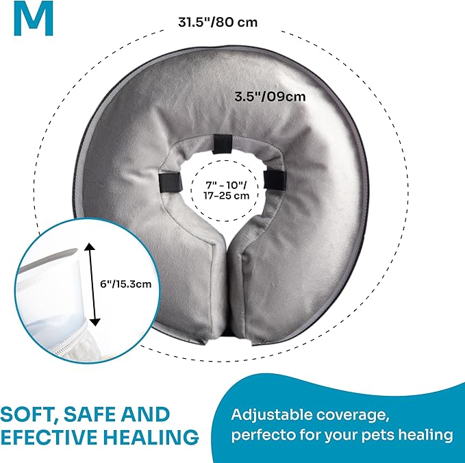 Dog Inflatable Neck Collar - Inflatable E Collar for Dogs - Comfortable Elizabethan Cone with Detachable Anti-Licking Shield - Dog Donut Cone - Doughnut for Dogs After Surgery (Grey, M)