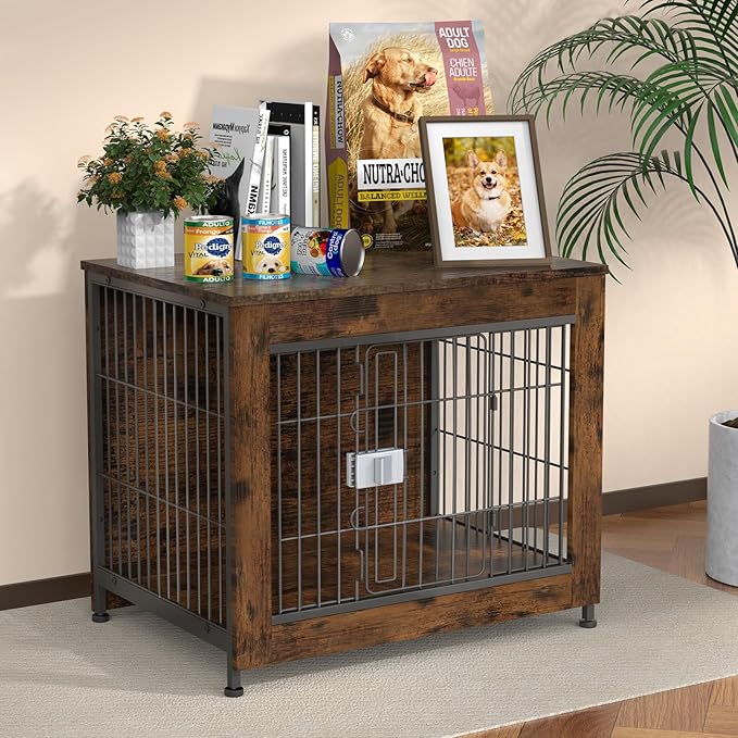 Furniture Style Dog Crate, 27" Wooden Dog Kennel End Table with Solid Top, Indoor Pet Crate House with Secure Slide Lock, Modern Dog Cage Furniture for Small & Medium Dogs