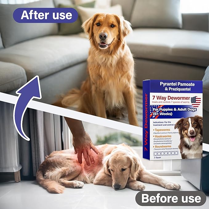 7 Way Dog Dewormer for Dogs, Pyrantel Pamoate & Praziquantel for All Wormers, Tapeworms, Hookworms, Roundworms & More