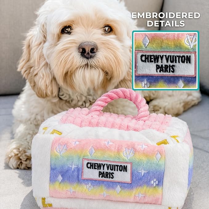Haute Diggity Dog Chewy Vuiton Trunk Puzzle with 3 Plush Squeaky Dog Toys, Soft Durable Designer-Inspired Stuffed Puppy Chew Toys for Small & Medium Dogs, Machine-Washable (Pink Ombre) One Size