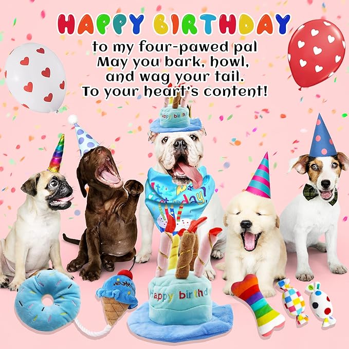lilfrd Dog Birthday Toy Set, 9Pcs Plush Pet Toy for Small Dogs, Includes Squeaky Cake Hat, Bandana, Dessert Themed Toys, Balloons, for Dog Birthday Party