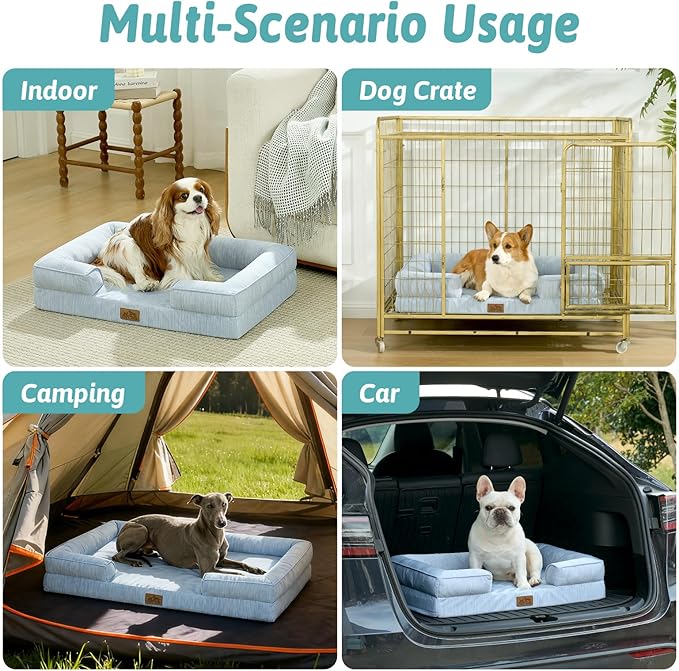 Cooling Dog Bed for Large Medium Size Dogs, Q-Max >0.4 Summer Cool Orthopedic Foam Pet Sofa Bed with Sides, Bolster Anti-Slip Couch with Washable Removable Cover, L 36x27x6.5 inch, Blue