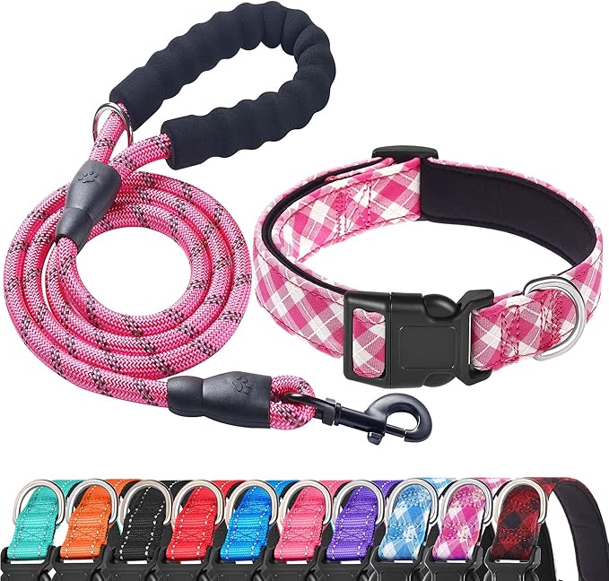 Ladoogo Reflective Dog Collar Padded with Soft Neoprene Breathable Adjustable Nylon Dog Collars for Small Medium Large Dogs (X-Small (Pack of 1), Pink Plaid Collar+Leash)