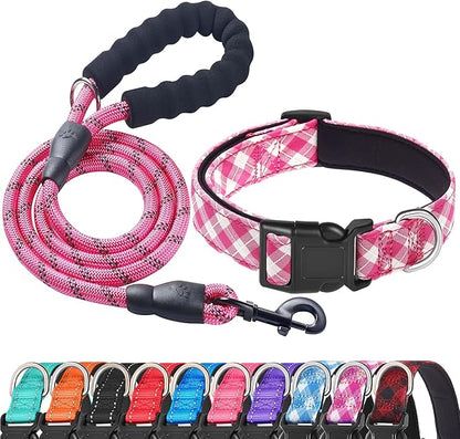 Ladoogo Reflective Dog Collar Padded with Soft Neoprene Breathable Adjustable Nylon Dog Collars for Small Medium Large Dogs (Large (Pack of 1), Pink Plaid Collar+Leash)