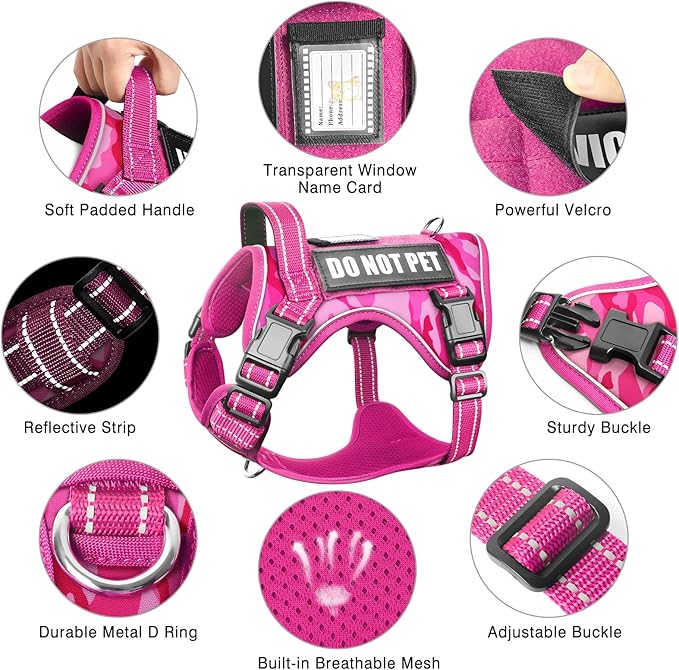 Tactical Service Dog Vest and Leash Set,Heavy Duty No Pull Dog Harness and 10 Patches with Dog Seat Belt for Medium Dogs,Reflective Pet Harness for Training Walking Hiking Camo Pink M