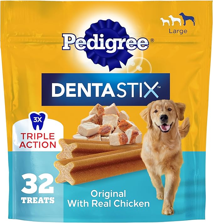 Pedigree Dentastix Large Dog Treats, Original Flavor with Real Chicken, 1.66 lb. Bag (32 Treats Total)