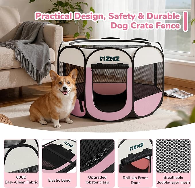 Dog Playpen, Portable Puppy Pet Crate Indoors for Small/Medium Dogs Cats Rabbits, Foldable Dog Cage Enclosure for Outdoor, Pop Up Dogs Tent Kennel with Carrying Case, Pink