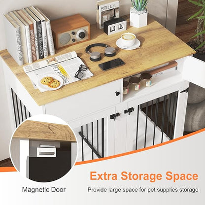 Large Dog Crate Furniture, 41 Inch Dog Kennel Indoor with Removable Divider & Double Doors, Wooden Dog Crates for 2 Dogs, Dog Crate Table for Large/Medium Dogs, White