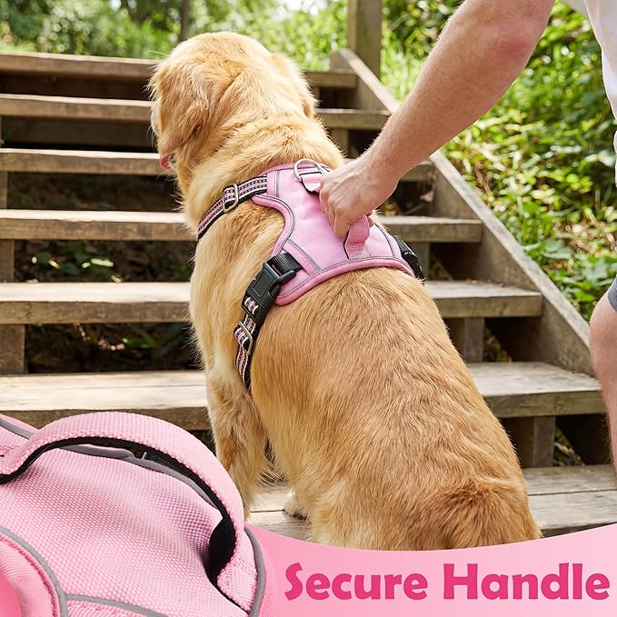 Funfox Dog Harness Medium No Pull, Adjustable 2 Clips Anti-Pull Vest with Practical Handle, Breathable Padded Pet Harness Designed for Small/Large Breeds, Reflective Training Walking Pink M