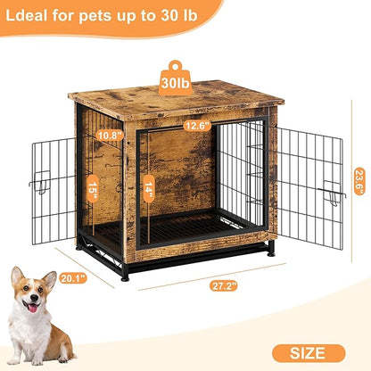 Vongrasig Dog Crate Furniture, Side End Table, Modern Wooden Kennel for Dogs Indoor, Heavy-Duty Dog Cage with Multi-Purpose Removable Tray, Double-Door Dog House, Rustic Brown