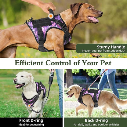 VavoPaw Heavy Duty Tactical Dog Harness for Large Dogs, No Pull Adjustable Pet Harness Reflective Service Training Easy Control Pet Vest Military K9 Working Dog Harnesses, Purple Camouflage, S