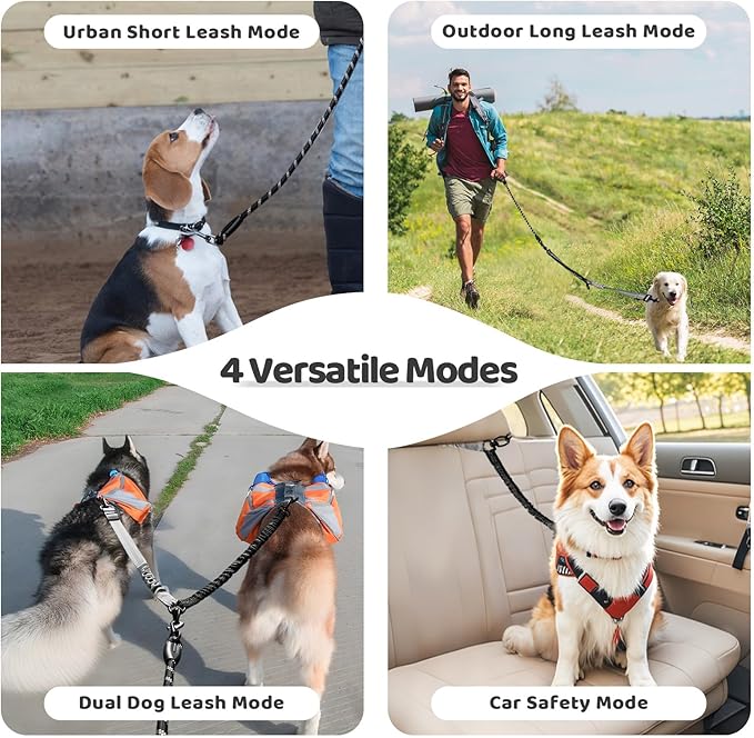 Double Dog Leash - 360°Swivel Tangle Free Splitter Attachment, 2 Dogs Multi-Functional Leashes, Dual Rope for Outdoor Walk Train Small Medium Large Two Pet, Grey
