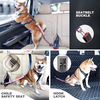 IOKHEIRA Dog Seat Belt 3-in-1 Car Harness for Pets Adjustable Safety Seatbelt Nylon Reflective Bungee Fabric Dog Car Harness with Clip Hook Latch & Buckle, Swivel Zinc Alloy Carabiner (Pink)