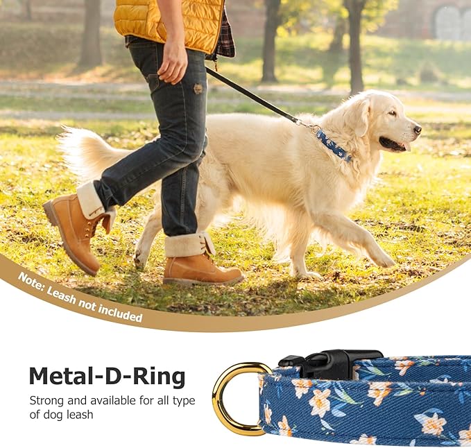 Cotton Handmade Dog Collar Cute and Distinctive Patterns Blue Tulip with Pendant for Girl Boy Dogs Collars M
