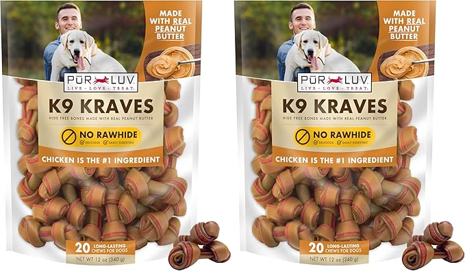 Pur Luv K9 Kraves Rawhide Free Bone Dog Treats, Peanut Butter Flavor, Made with Real Peanut Butter and Chicken, Healthy,Easily Digestible,Long Lasting, and High Protein Dog Treat, 20 Count (Pack of 2)