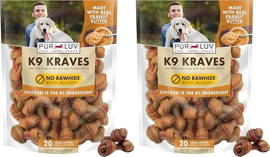 Pur Luv K9 Kraves Rawhide Free Bone Dog Treats, Peanut Butter Flavor, Made with Real Peanut Butter and Chicken, Healthy,Easily Digestible,Long Lasting, and High Protein Dog Treat, 20 Count (Pack of 2)