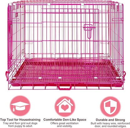 HOMEY PET 36 Inch Dog Crate, Cute Pink Dog Cage Collapsible Medium Dog Kennel Indoor, Nano-Coated Metal Wire Dog Crate with Removable Floor Grid Tray, Double Doors Dual Locks, Portable Handle