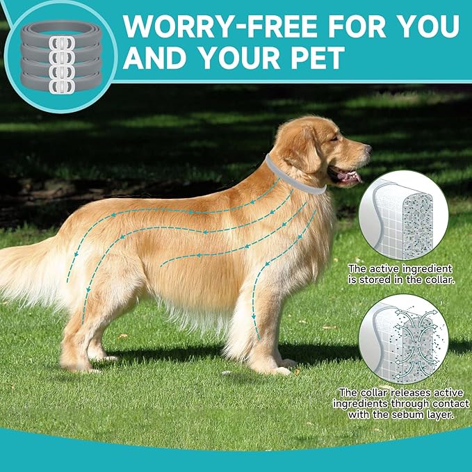 Flea and Tick Prevention for Dogs, 4 Pack Flea Collar for Dogs, Dog Flea and Tick Treatment, 32 Months Protection, Waterproof, Adjustable Collar for Dog, One Size Fits All for All Breeds, Grey