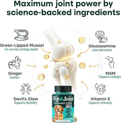 Natureflow Hip & Joint Supplement for Dogs, 300mg Green-Lipped Mussel for Dog Arthritis Pain Relief, Glucosamine, MSM & Chondroitin, Zero Sugar, Large Medium Small Breeds, 200 Chewable Tablets