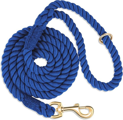 Dog Leash 6 FT Handmade Braided Cotton Rope Leashes for Small Medium and Large Dogs, New Golden Heavy Duty Metal Clasp, Navy Blue