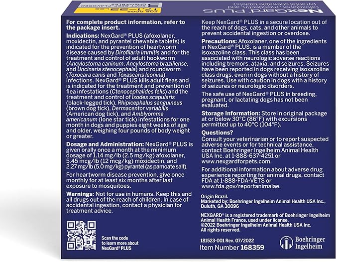 NexGard Plus (afoxolaner, moxidectin, and pyrantel) Flea and Tick Protection & Heartworm Preventive for Dogs Soft Beef Flavored Chewables, 17.1-33 lbs. (Gold) 3 Chews (3 Month Supply)