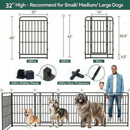 Dog Playpen Outdoor 32 Panels 32'' Rustproof Metal Dog Fence with Gate Small Medium Portable Large Dog Play Pen 72FT, 192 Sq.ft for RV Camping, Trips, Play Yard