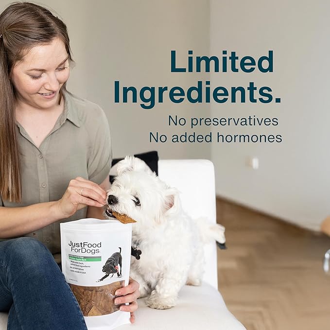 JustFoodForDogs Limited Ingredient Healthy Dog Treats and Dog Snacks, Jerky Treats, Human Grade, Preservative Free, Rawhide Free Chews, Low Calorie Treat - Chicken Apple Bark, 5 oz