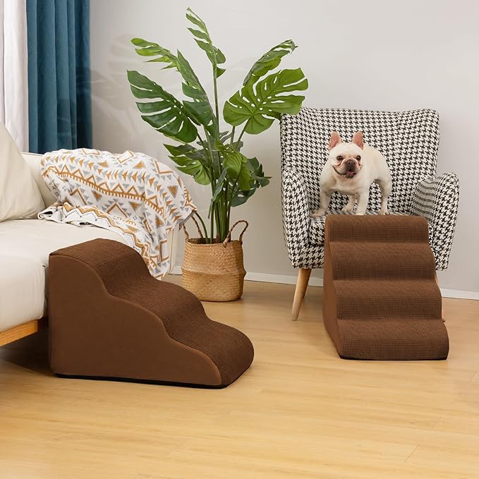 Aodisman 4-Step Dog Stairs and Ramp for Beds or Couches – Non-Slip Sturdy Pet Steps for Small Dogs and Cats,17.4" H,Brown