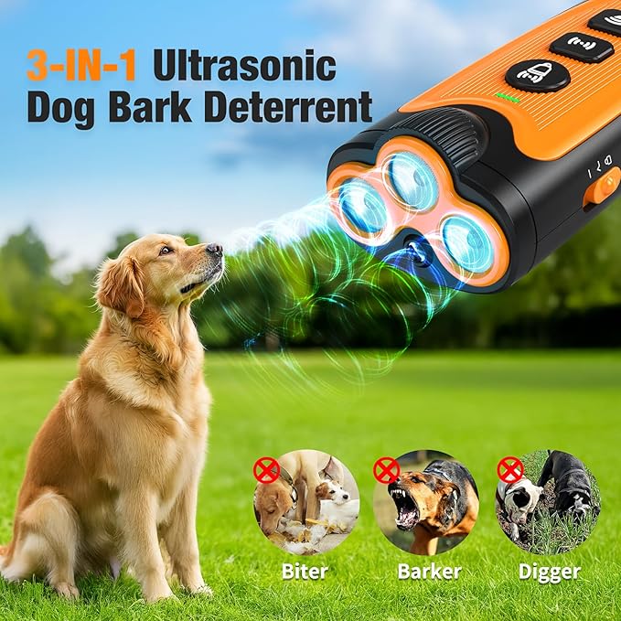Dog Bark Deterrent Devices, 3X Ultrasonic Anti Barking Device for Dogs, 50 FT Range Stop Neighbors Dog Barks, Portable Dog Training Tool with Flashlight, Safe & Humane for Indoor Outdoor Use, Orange