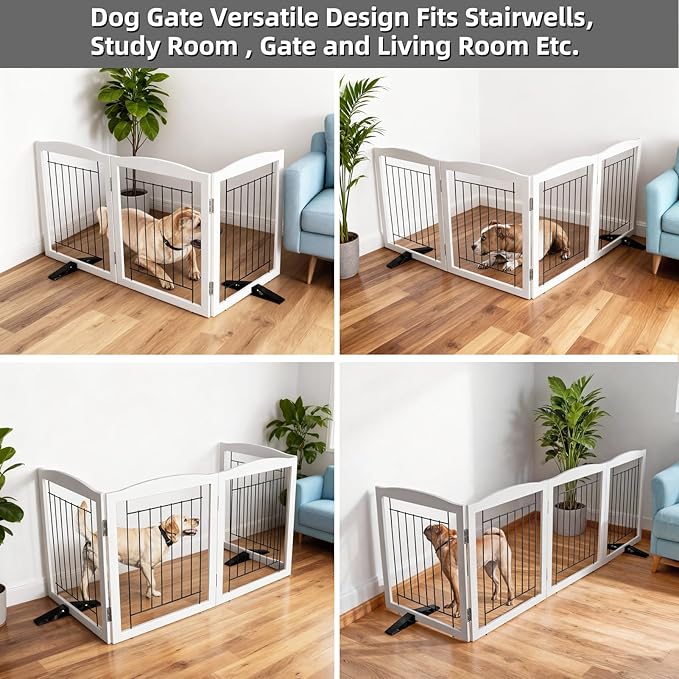 ZJSF Freestanding Dog Fence Indoor, Foldable Dog Gate for Doorways, Stairs or Hallways, Sturdy Wood Extra Wide Pet Gate with Support Feet for The House, White, 32 "Height-3 Panels