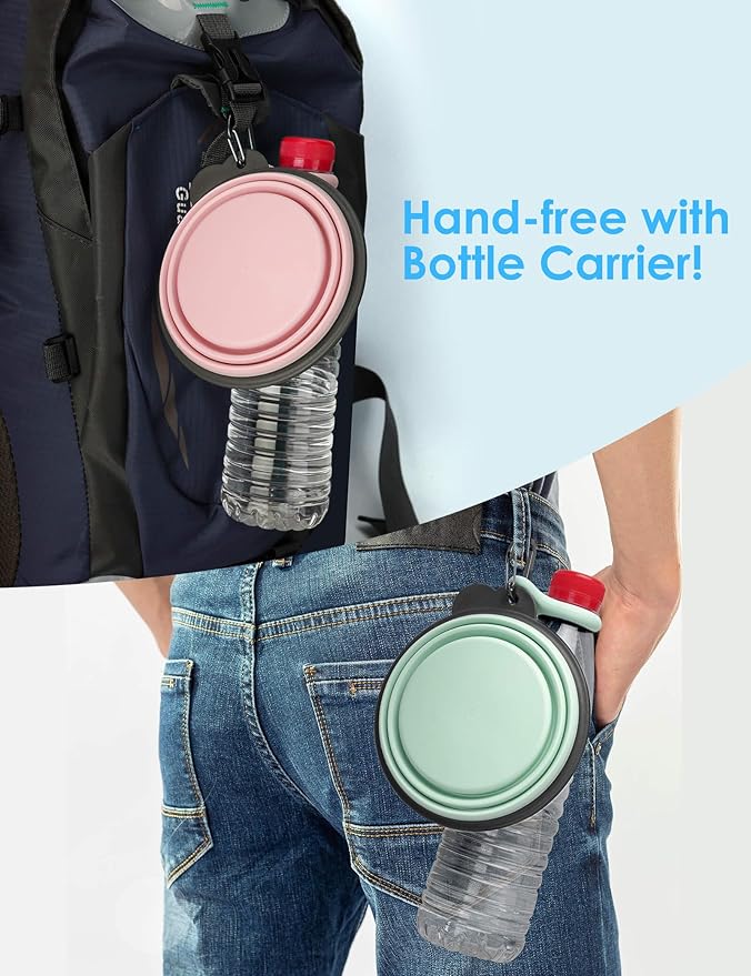 Aonkey Collapsible Dog Bowls with Bottle Carrier, 2 Pack Travel Dog Water Bowl Upgraded Carabiner, One-piece Molded Rim No Fall Off or Crack, Foldable Silicone Portable for Pets Walking Hiking 15oz