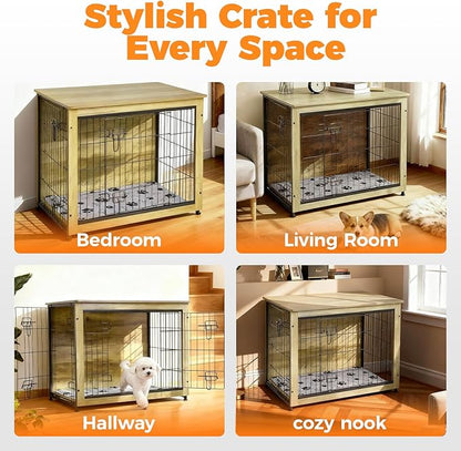 SHAWKEN Wooden & Metal Medium Dog Crate Furniture Indoor with Soft Cushion, Double-Door Dog House, 31.5" L Dog Kennel (Oak Grey, Medium)