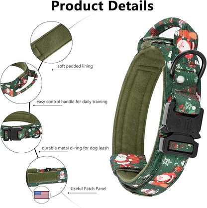 DAGANXI Tactical Dog Collar, Adjustable Military Training Nylon Dog Collar with Control Handle and Heavy Metal Buckle for Medium and Large Dogs, with Patches and Airtags Case (XL, Christmas green-SET)