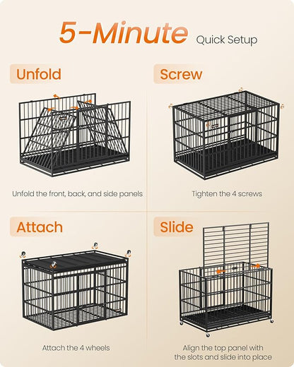 Feandrea Heavy-Duty Dog Crate, 5-Minute Quick Assembly, Foldable Dog Kennel Cage with Lockable Wheels, Double Doors, Escape Proof Fixed Bottom, Removable Tray, Easy to Clean, Ink Black, 37 Inch