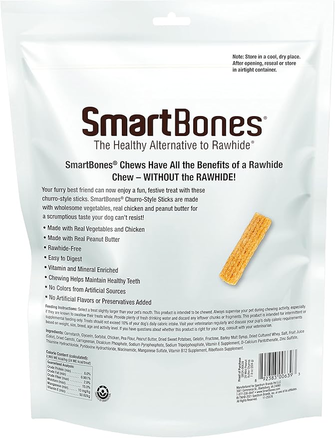 SmartBones Churro-Style Mini Sticks 28 Count, Made with Real Peanut Butter, Rawhide-Free Chews for Dogs, 7.90 Ounce (Pack of 1)