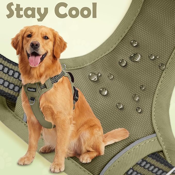 Funfox Dog Harness No Pull, Adjustable Pet Vest Harness, Super Soft Material with Vertical Handle Easy Control, Reflective Night Walking, 2 Leash Clips for Large Dogs, Army Green, L