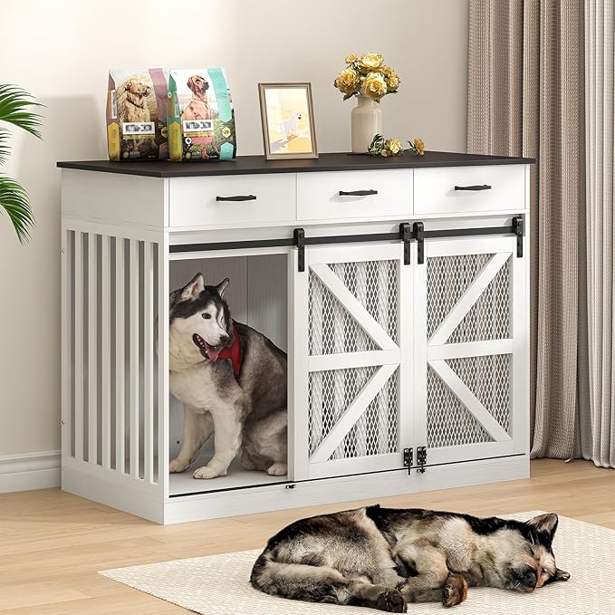 47 Inch Wooden Dog Crate Furniture for 2 Dogs with Removable Divider & Storage Drawers, Double Door Kennel for Medium and Extra Large Dogs, Farmhouse Dog Cage Side End Table for Indoor use, White