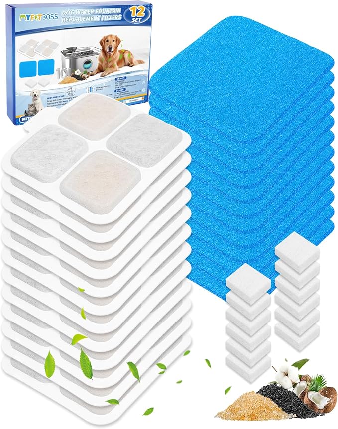 12 Set Dog Water Filter Replacement Compatible with oneisall PW07SAU 10L/2.64Gal, Dog Water Fountain Filter Fit for oneisall, Multilayer Filtration System 12Pre-Filter+12 Filters+12 Sponges