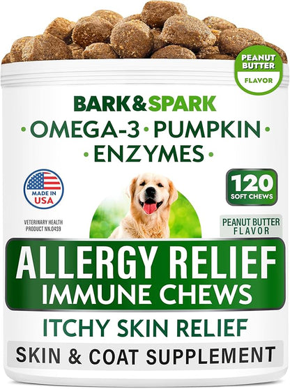 BARK&SPARK Dog Allergy Relief Soft Chews for Skin Health & Seasonal Allergies - Anti-Itch Supplement w/Omega-3, Quercetin & Bromelain Immune Treats for Dry Skin & Hot Spots - Peanut Butter - 120ct