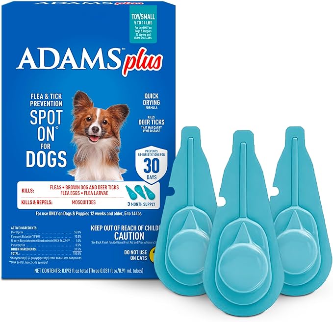 ADAMS Plus Flea & Tick Prevention Spot On for Dogs, Toy/Small Dog, Kills Fleas & Ticks (Brown Dog/Deer Ticks), Kills and Repels Mosquitoes, Prevents Flea Infestations, 3-Month Supply, 3 Pack