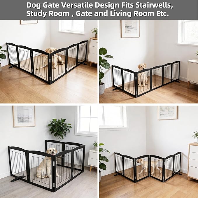 ZJSF Freestanding Dog Fence Indoor, Foldable Dog Gate for Doorways, Stairs or Hallways, Sturdy Wood Extra Wide Pet Gate with Support Feet for The House, Black, 24 "Height-6 Panels