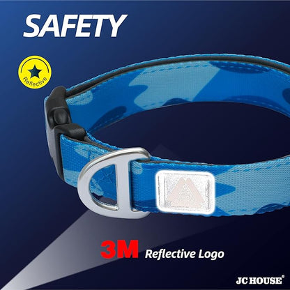 Soft Padded Dog Collar, Neck 9’’-14’’, Adjustable Heavy Duty Collar with 3M Reflective Logo for Small Dogs, Camo Blue, S