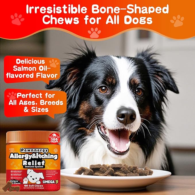 Dog Allergy & Itch Relief Chews - Salmon Oil Omega-3, Omega-6, Vitamin B1/B2/B6, Colostrum Probiotics Supplement for Seasonal Allergy, Hot Spots, Paw Licking, Scratching, 98 Soft Chews
