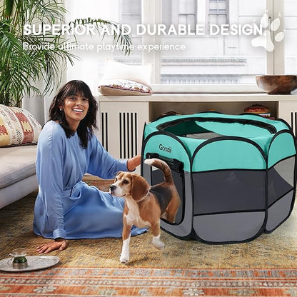 Goozii Pet Cat Playpen for Indoor Cats Enclosed, Puppy Dog Play Pen for Outdoor Travel Camping (Medium Size, Green & Dark Grey)