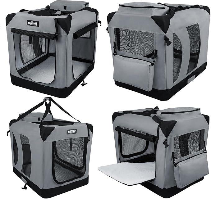 EliteField 3-Door Folding Soft Dog Crate with Carrying Bag and Fleece Bed (2 Year Warranty), Indoor & Outdoor Pet Home (20" L x 14" W x 14" H, Light Gray)