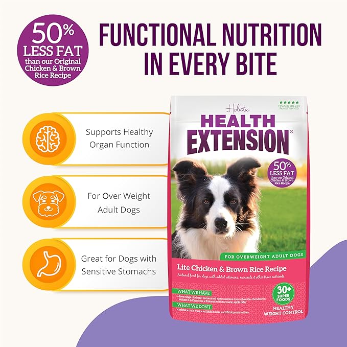 Health Extension Lite Chicken & Brown Rice Dry Dog Food, Low Fat Formula Supports Healthy Weight, with Probiotics & Superfoods for Digestion & Coat Health (15 lb)