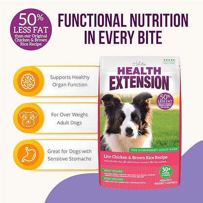 Health Extension Lite Chicken & Brown Rice Dry Dog Food, Low Fat Formula Supports Healthy Weight, with Probiotics & Superfoods for Digestion & Coat Health (30 lb)