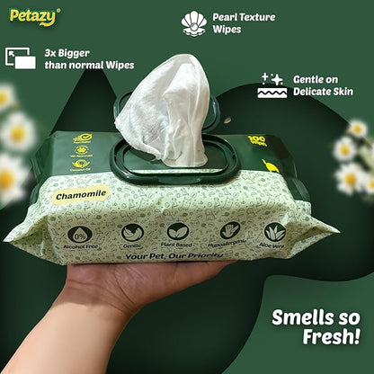 Petazy Dog Wipes for Paws and Butt – 400 Count (8x8in) Hypoallergenic, Deodorizing Pet Wipes for Dogs and Cats | Extra Large, Plant-Based, Chamomile Scented | Includes 4 Grooming Glove Wipes